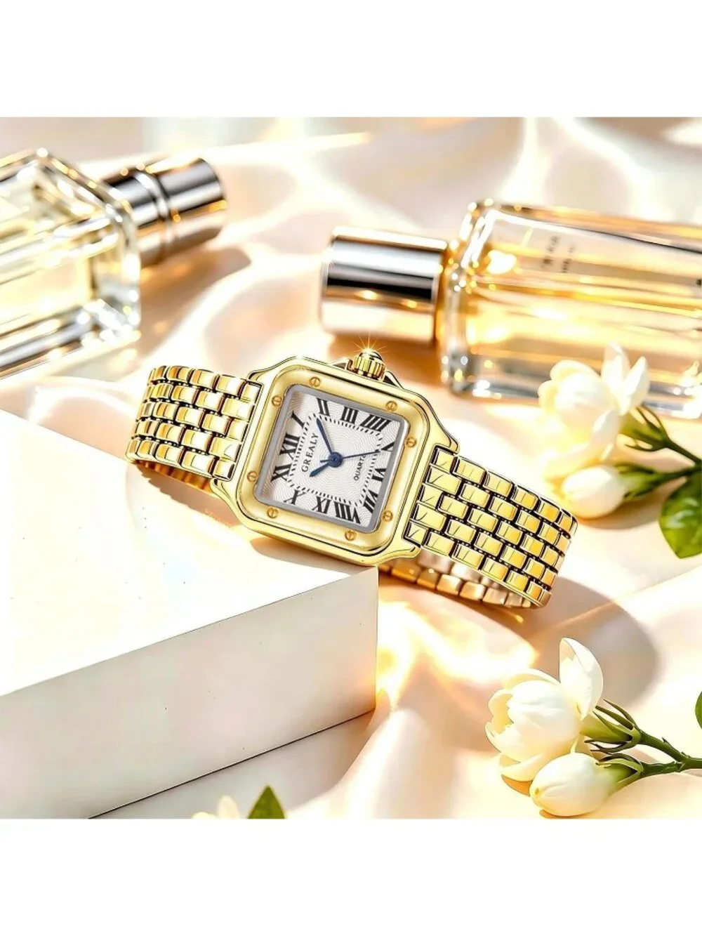 Women's Gold 2 Bracelets Set Roman Dial Bangle Stainless Steel Ladies Wristwatch